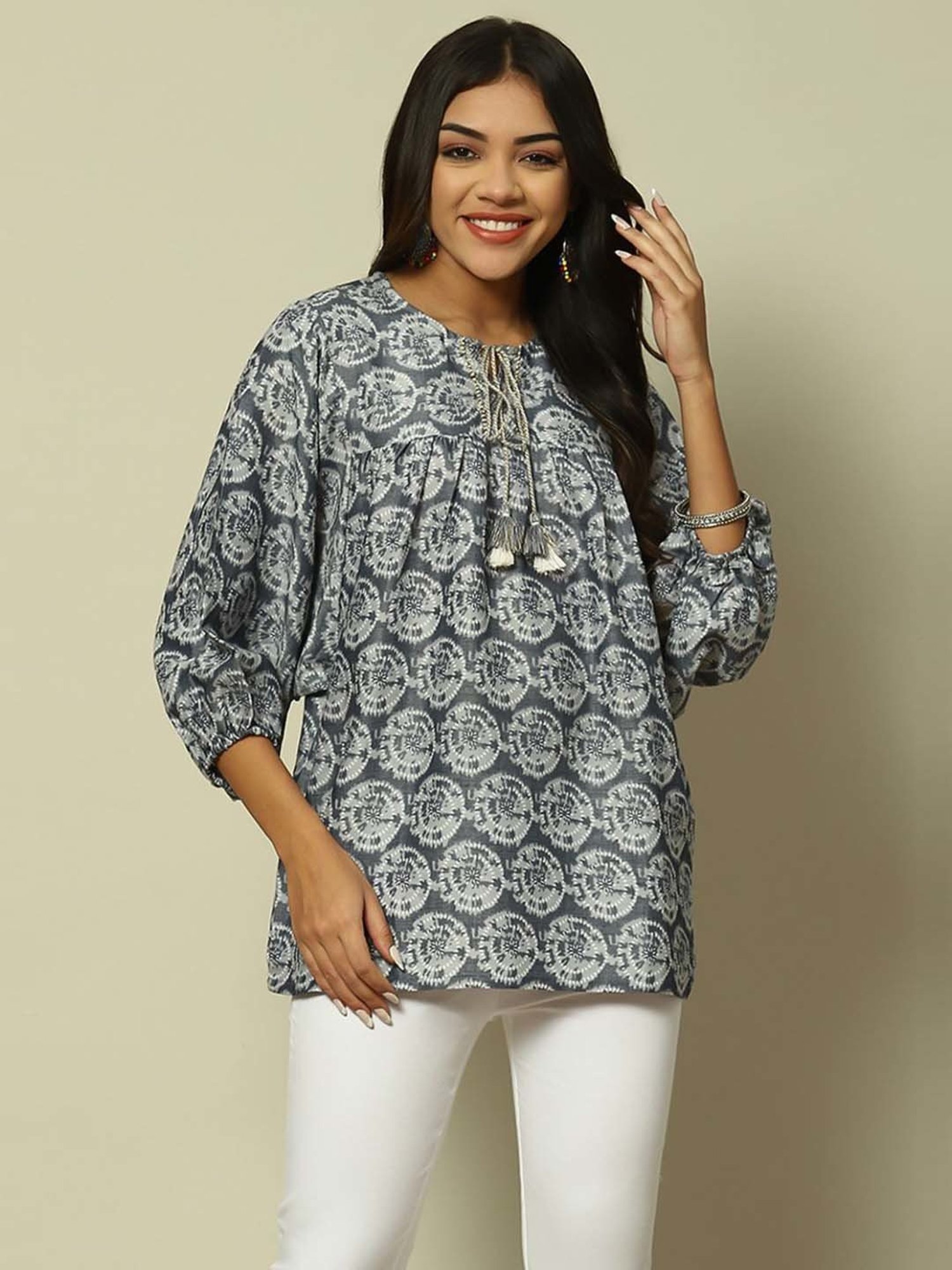 Rangriti Grey Cotton Printed Top