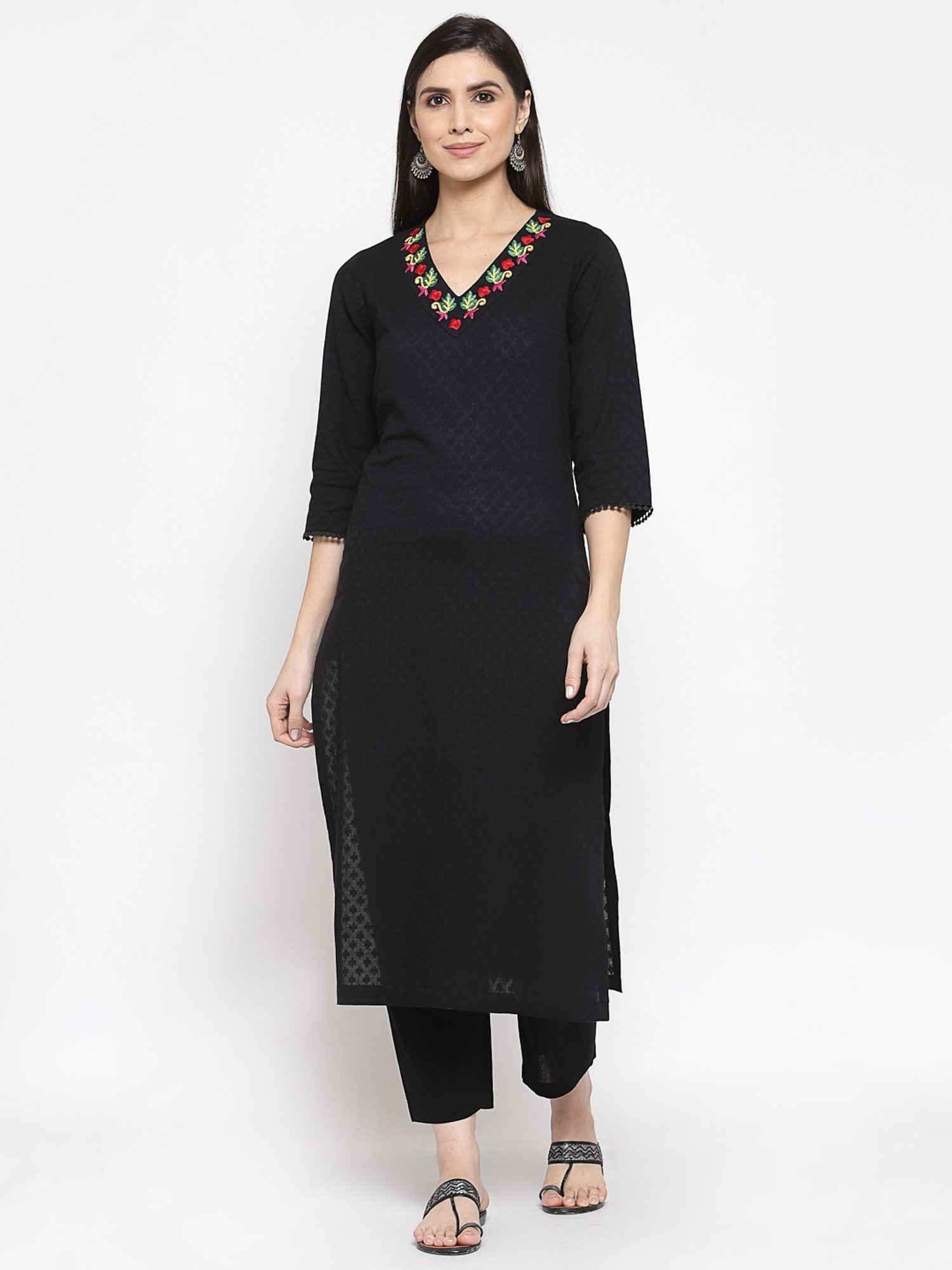 DART STUDIO Black Cotton Embroidered A Line Kurta