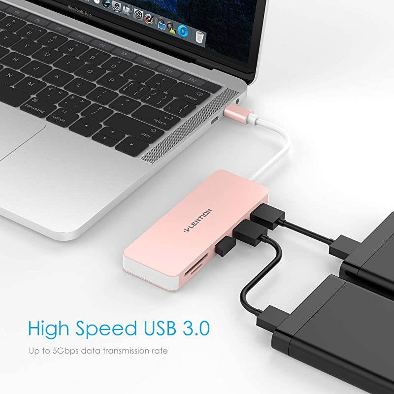 USB C Hub with 3 USB 3.0, SD/Micro SD Card Reader and Charging Adapter Compatible 2020-2016 MacBook Pro 13/15/16, New Mac Air/iPad Pro/Surface, Chromebook, More (CB-C16s, Rose Gold)