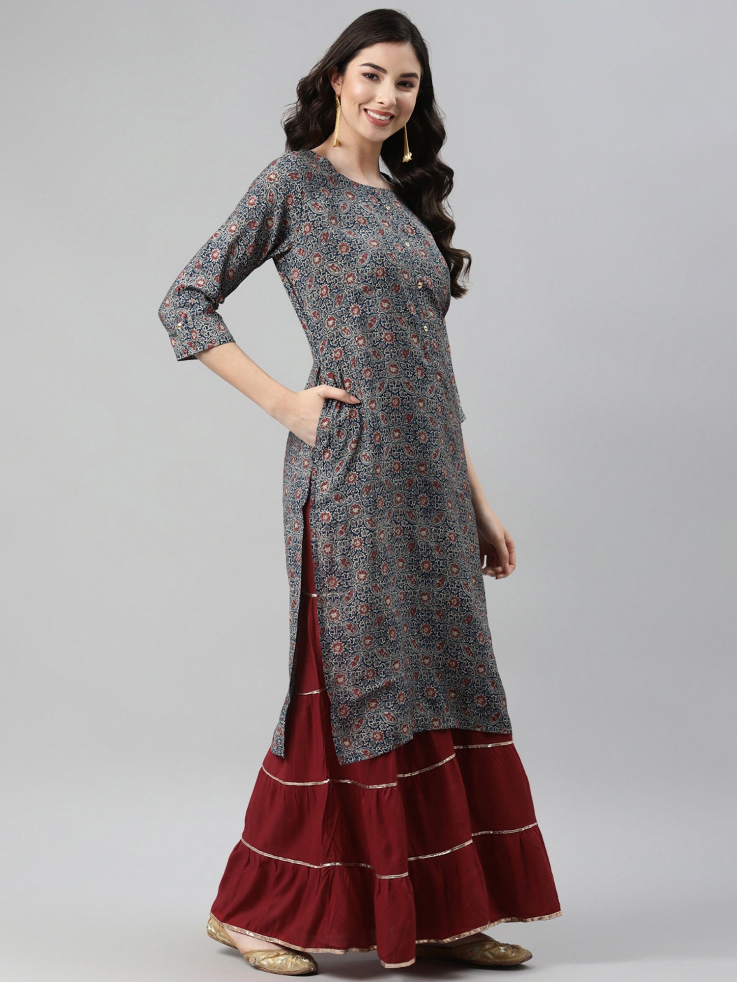 Aarika Blue Cotton Printed Straight Kurta