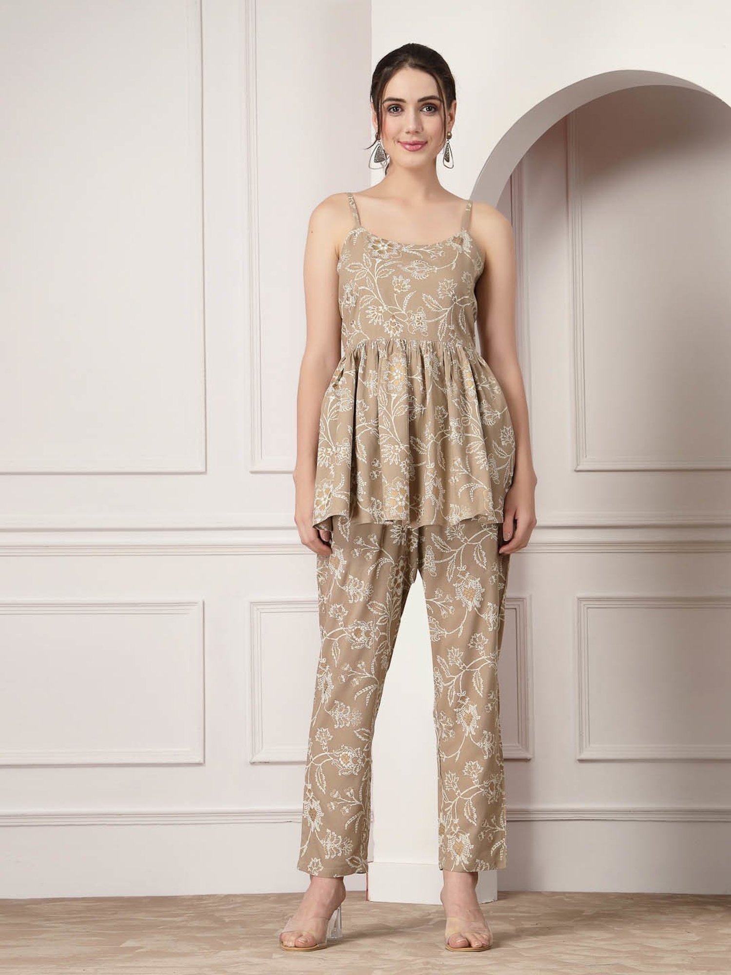 Stylum Beige Rayon Floral Print Top & Pant Set