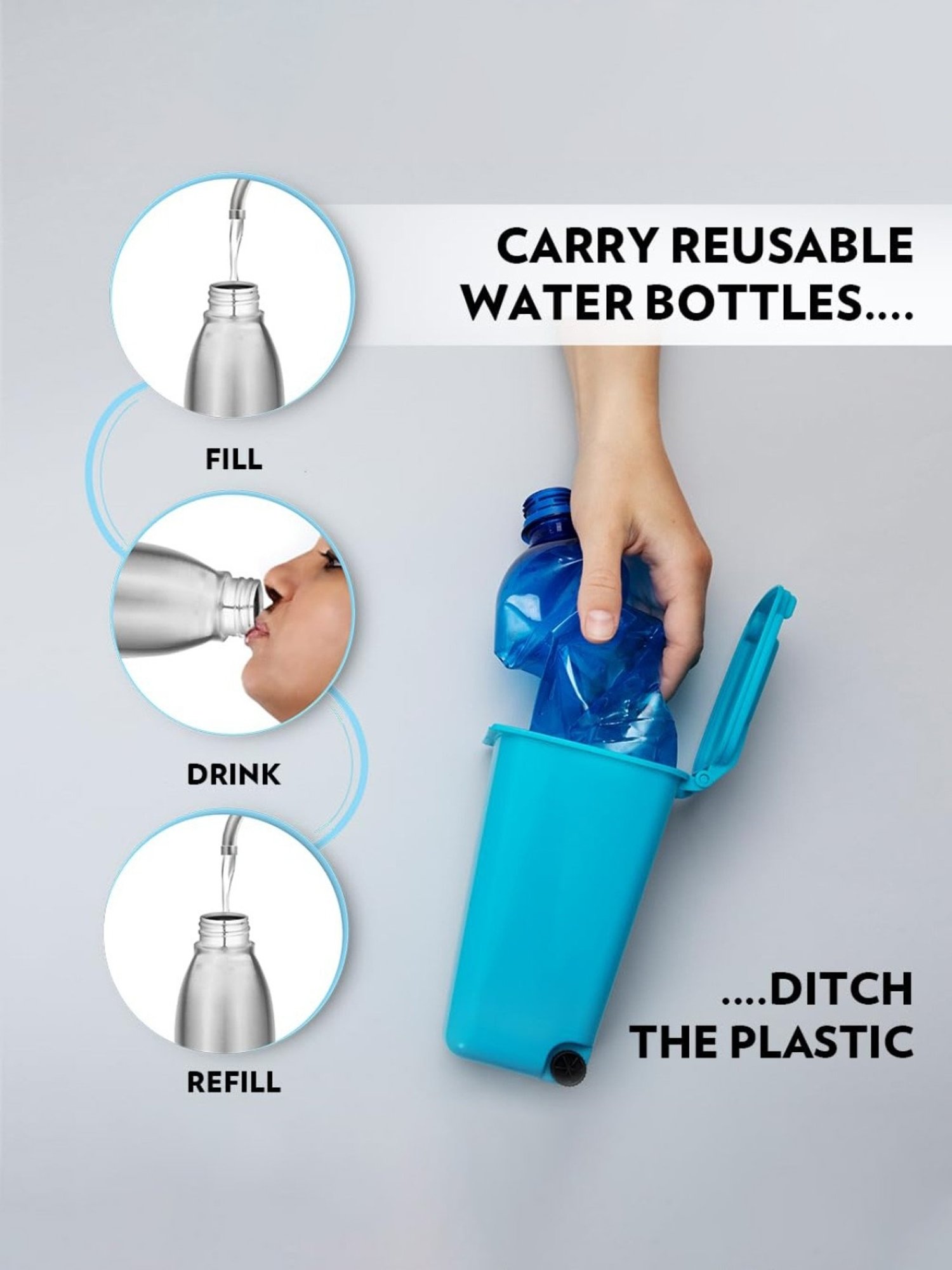 Borosil Water Bottle with Leak-Proof Set of 4 (Silver, 950 ml)