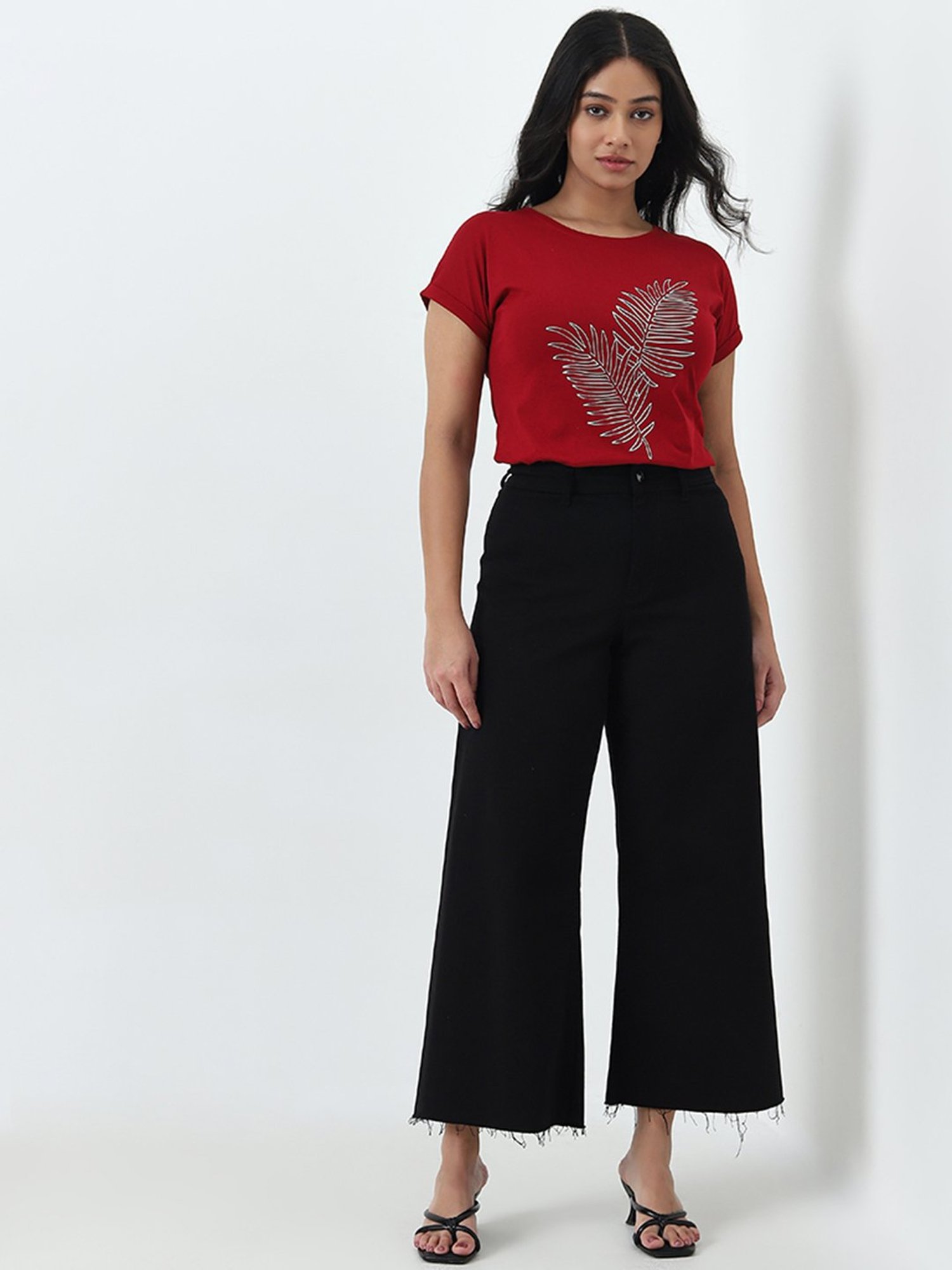 Gia by Westside Red Leaf Printed Cotton T-Shirt