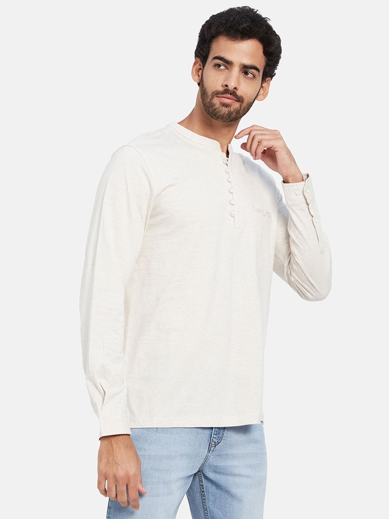 METTLE Natural Melange Regular Fit Henley T-Shirt