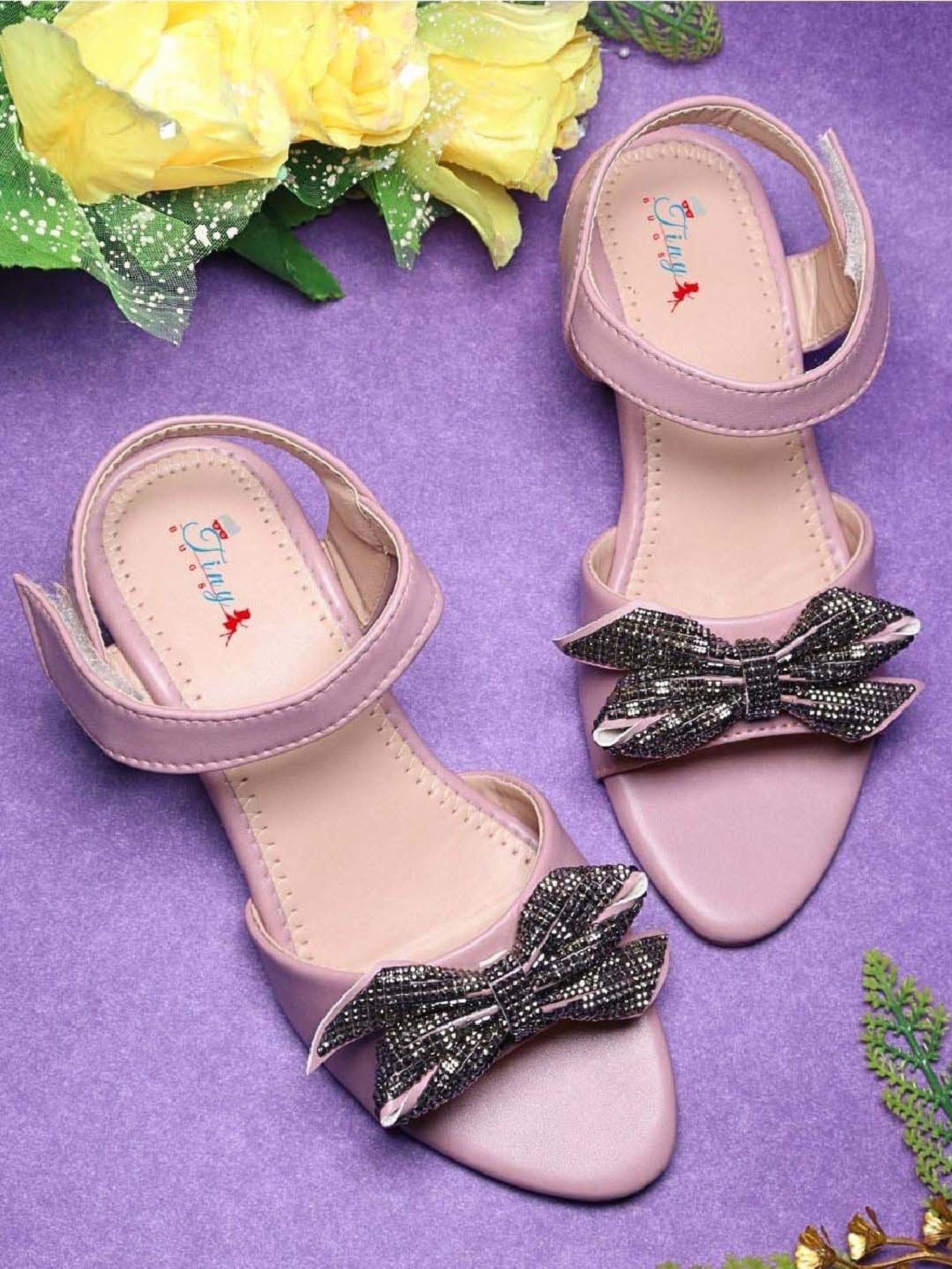 Tiny Bugs Girls Off White & Pink Party Wear Slip Ons