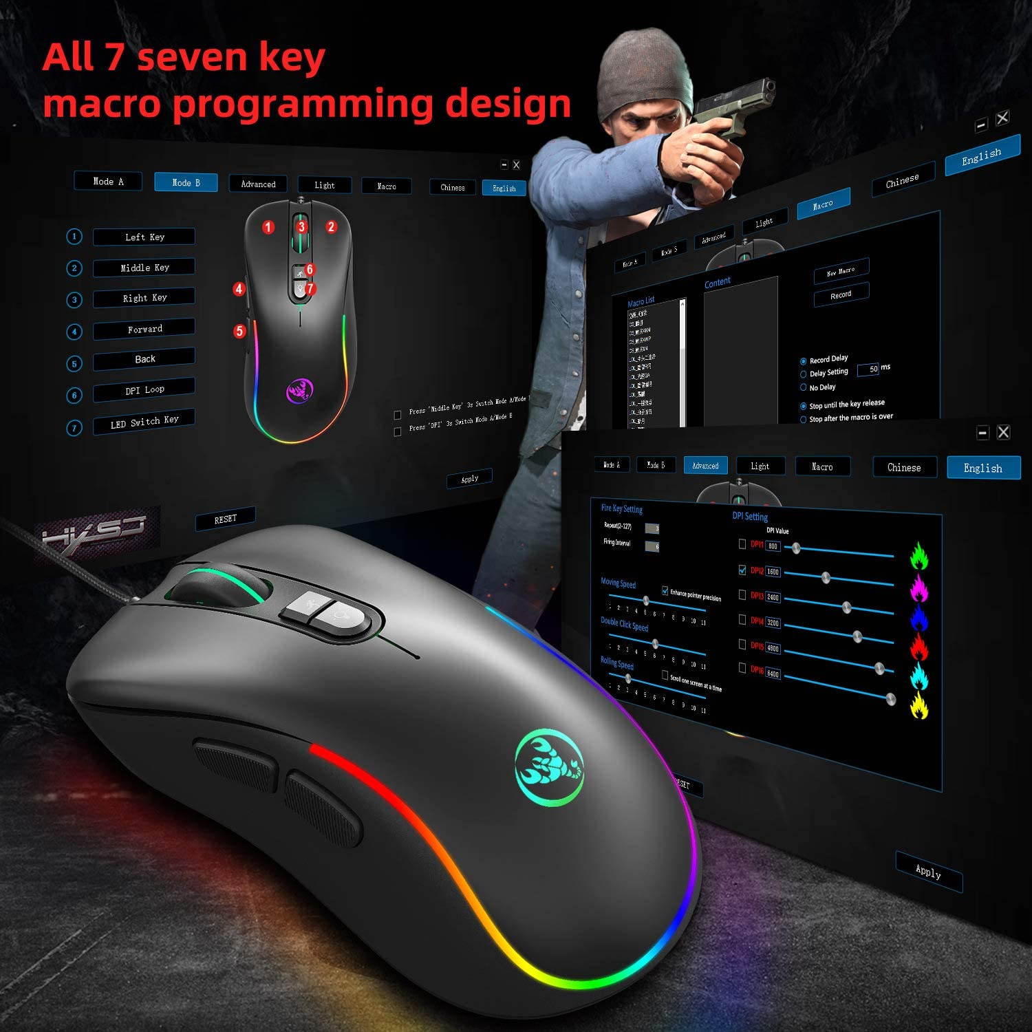 Gaming Mouse Wired [6400 DPI] [Programmable] [Breathing Light] Ergonomic Game USB Computer Gaming Mice RGB Gamer Desktop Laptop PC Gaming Mouse, 7 Buttons for Windows 7/8/10/XP Vista Linux