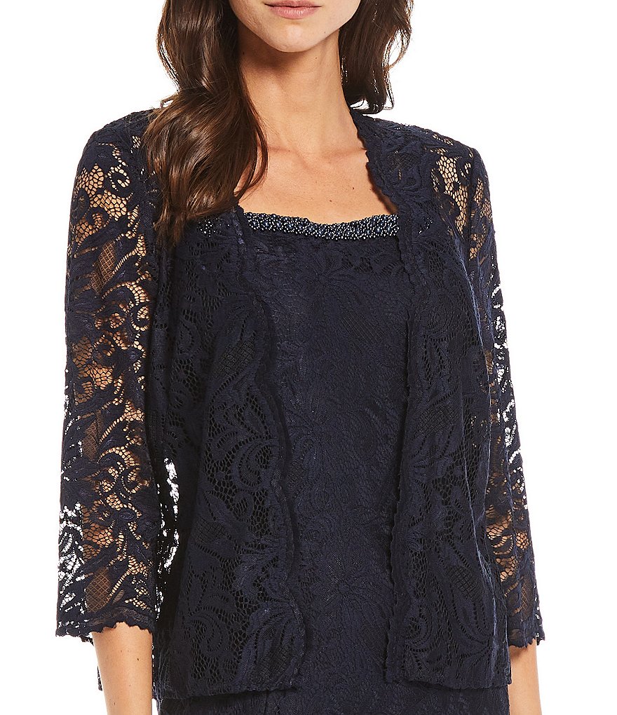 Le Bos Embroidered Stretch Lace 3/4 Sleeve Square Neck 2-Piece Jacket Dress