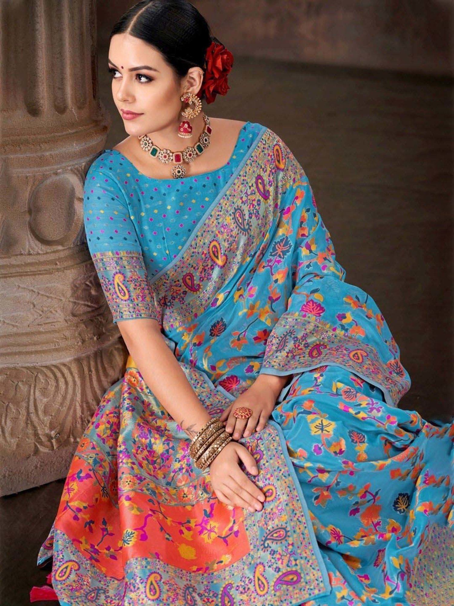 Silk Land Blue Embroidered Saree With Unstitched Blouse