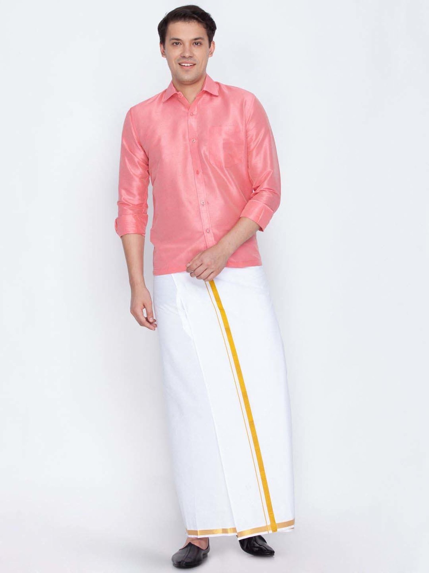 Vastramay Pink & White Regular Fit Ethnic Shirt With Mundu