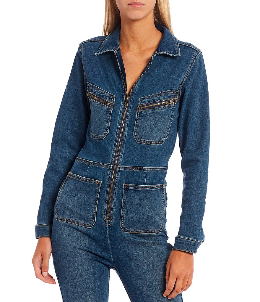Free People Lennox Zipper Front Stretch Point Collar Long Sleeve Denim Jumpsuit