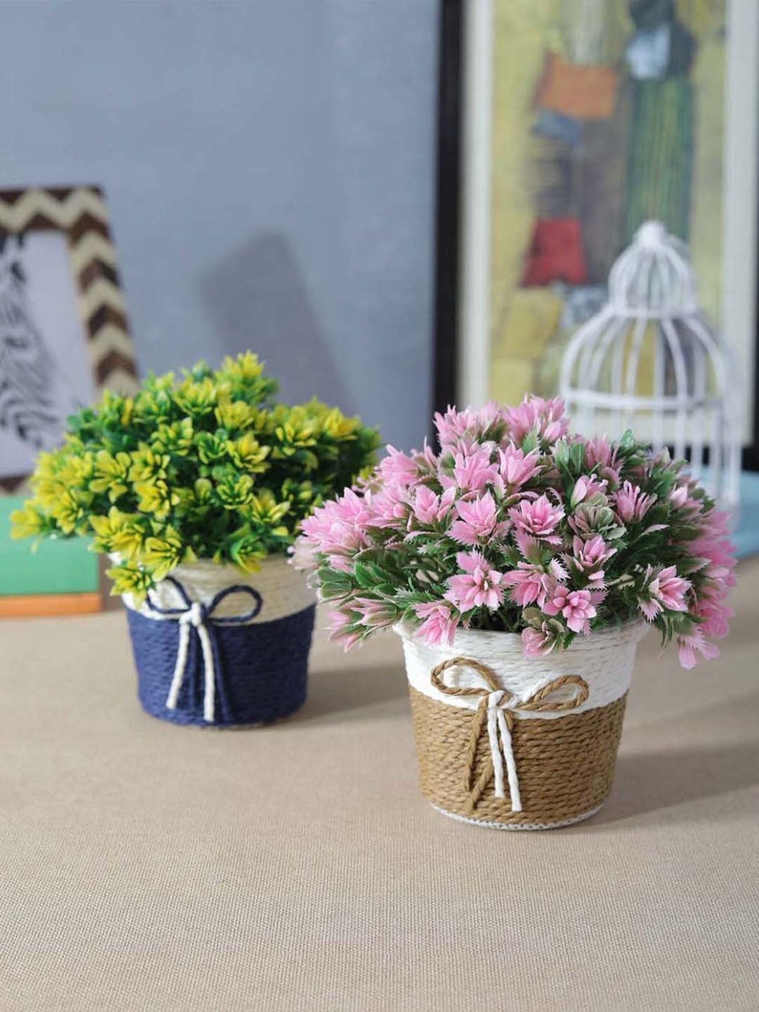 Foliyaj Multicolor Plastic Artificial Flower Plant With Pot - Set of 2