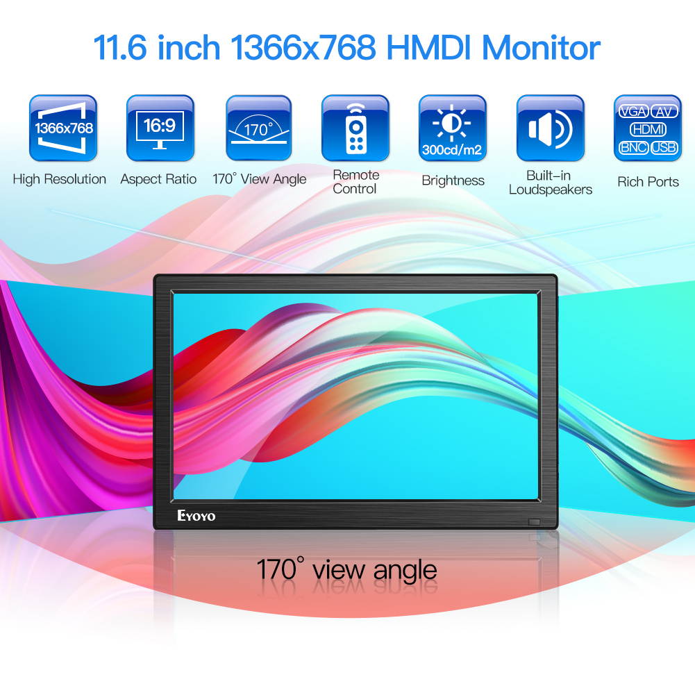 Eyoyo Portable Small HDMI Monitor 12" LCD Monitor 1366x768 w/HDMI VGA BNC AV Inputs Built-in Speaker