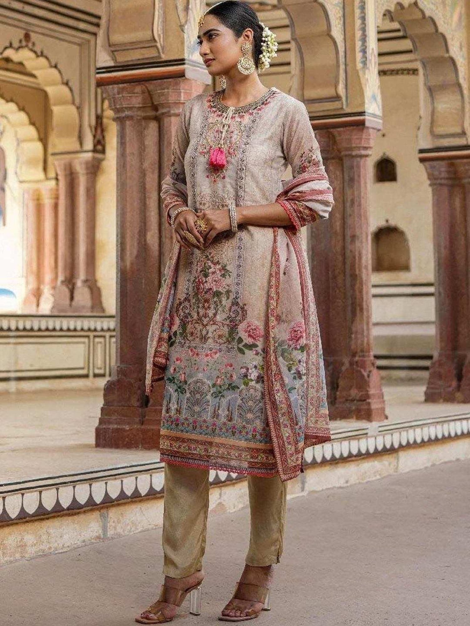 Scakhi Beige Chanderi Floral Print Pakistani Kurta and Pant With Dupatta