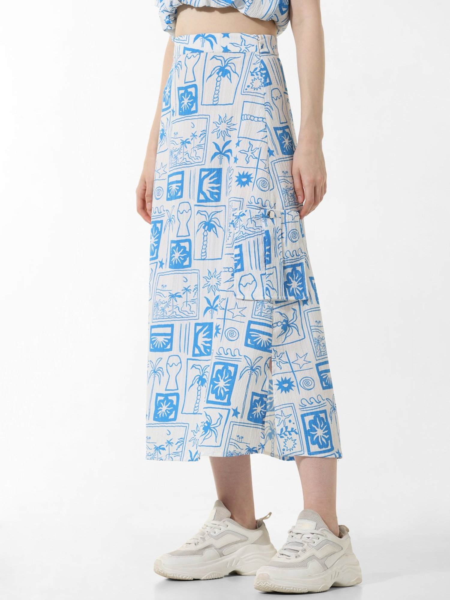 Only Blue & White Printed Midi Skirt