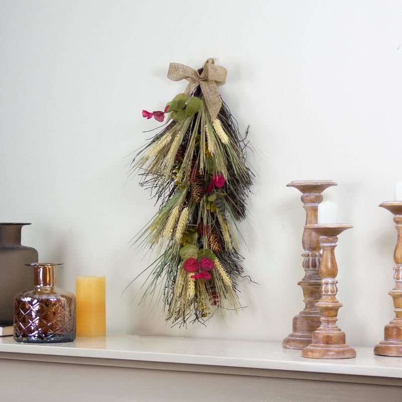 Northlight 24" Autumn Harvest Wheat and Eucalyptus with Feathers Teardrop Swag - Unlit