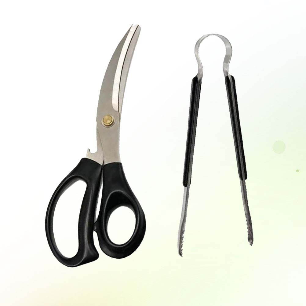 1 Set Barbecue Scissors Clip Set Barbecue Gadget Clamp Kitchen Gadget for Barbecue Home Household (Scissors + Clip Black + Silver)