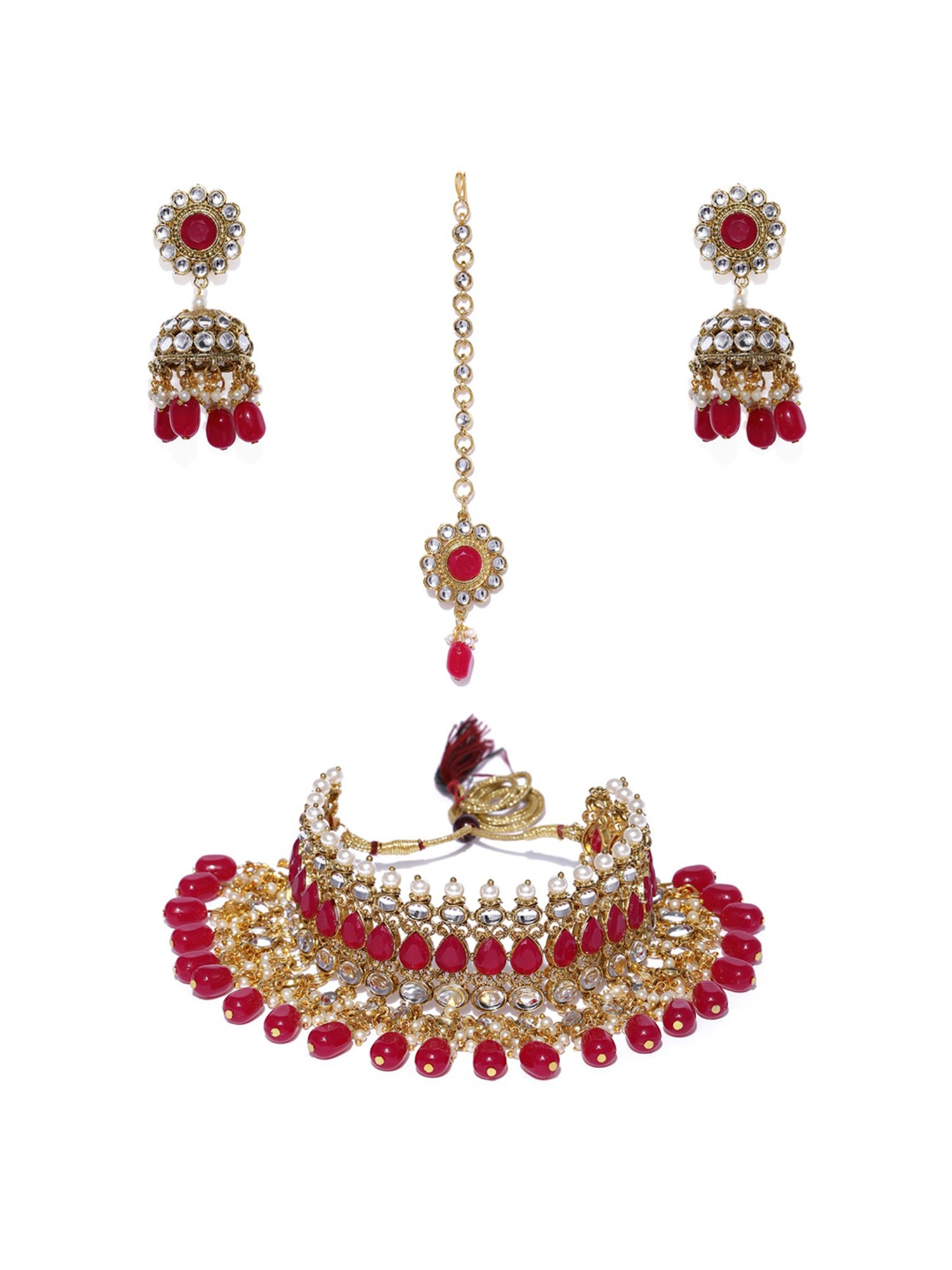 Zaveri Pearls Rani Pink Kundan And Dangling Beads Necklace Earring Maangtikka Set-ZPFK8865