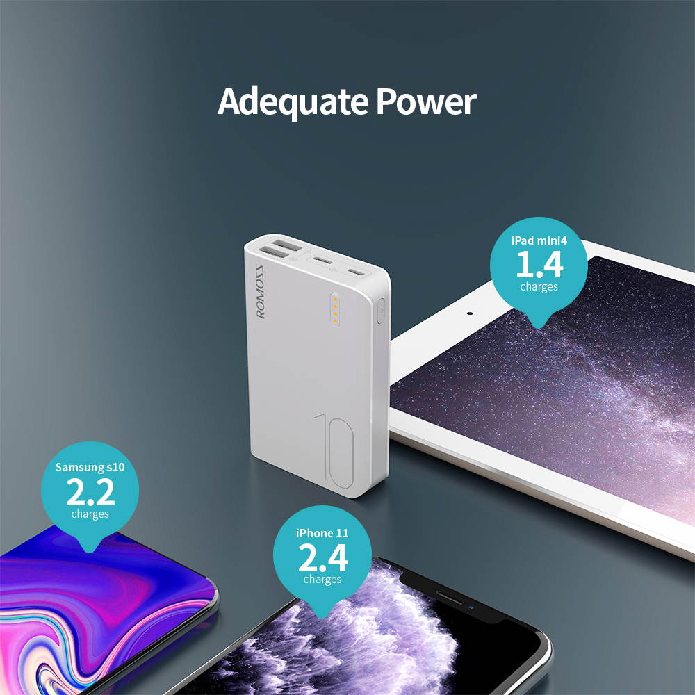 ROMOSS Power Bank 10000mAh Portable Charger with 2 USB Ports External Battery Pack with LED Indicator for Smartphone, Tablets and Other Devices