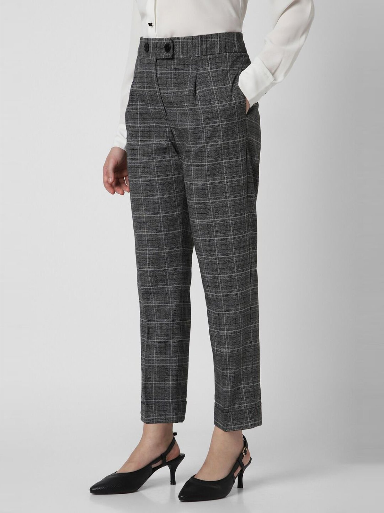 Van Heusen Grey Cotton Chequered Formal Trouser