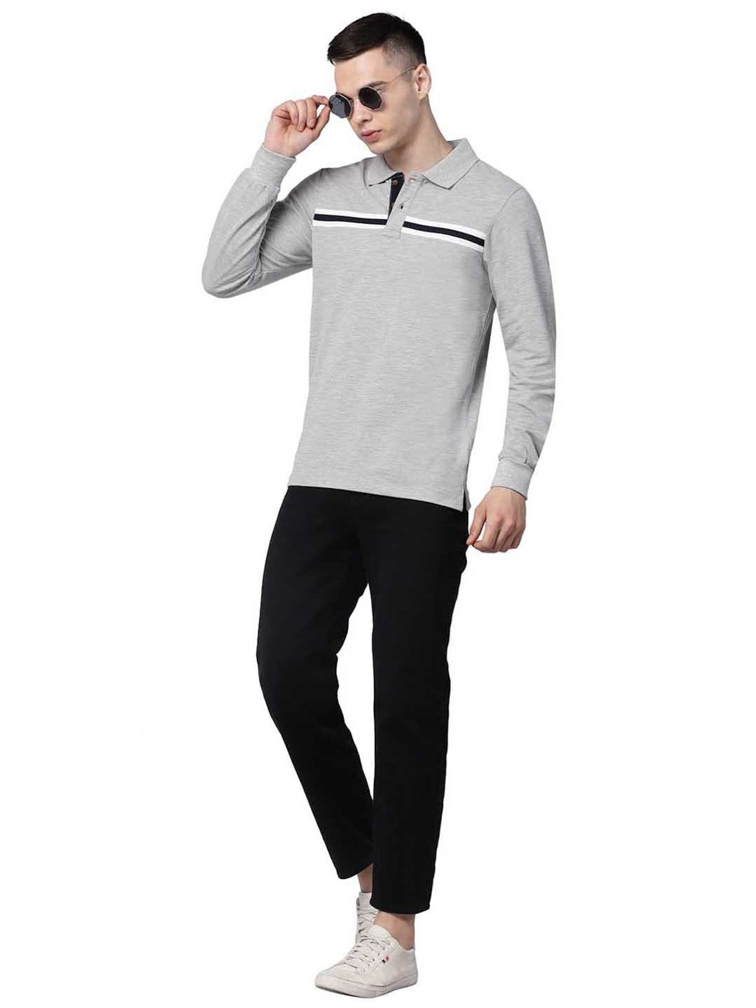 Kalt Light Grey Regular Fit Striped Polo T-Shirt