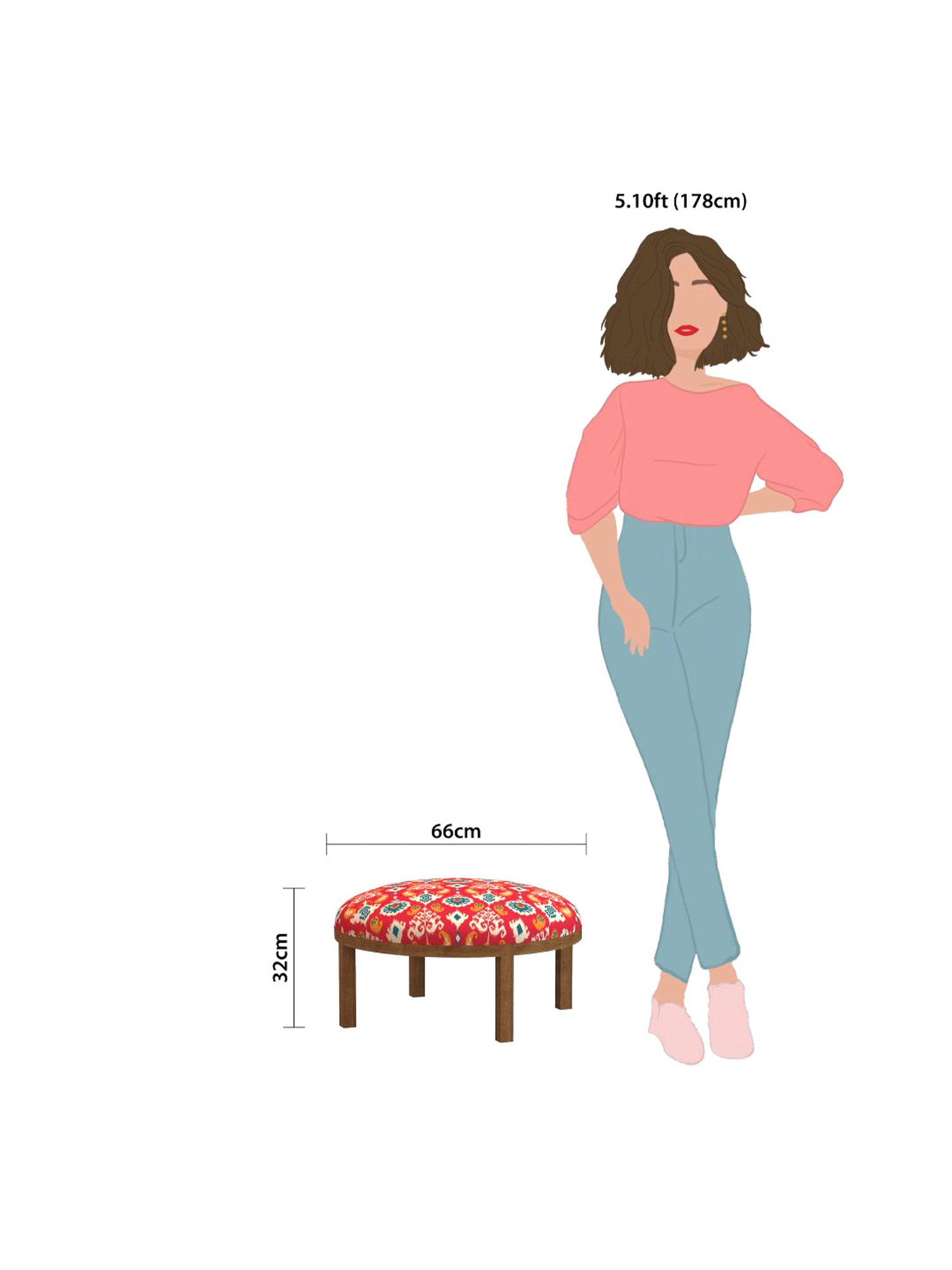 Chumbak Bohemian Ikat Red Sheesham Wood Ottoman