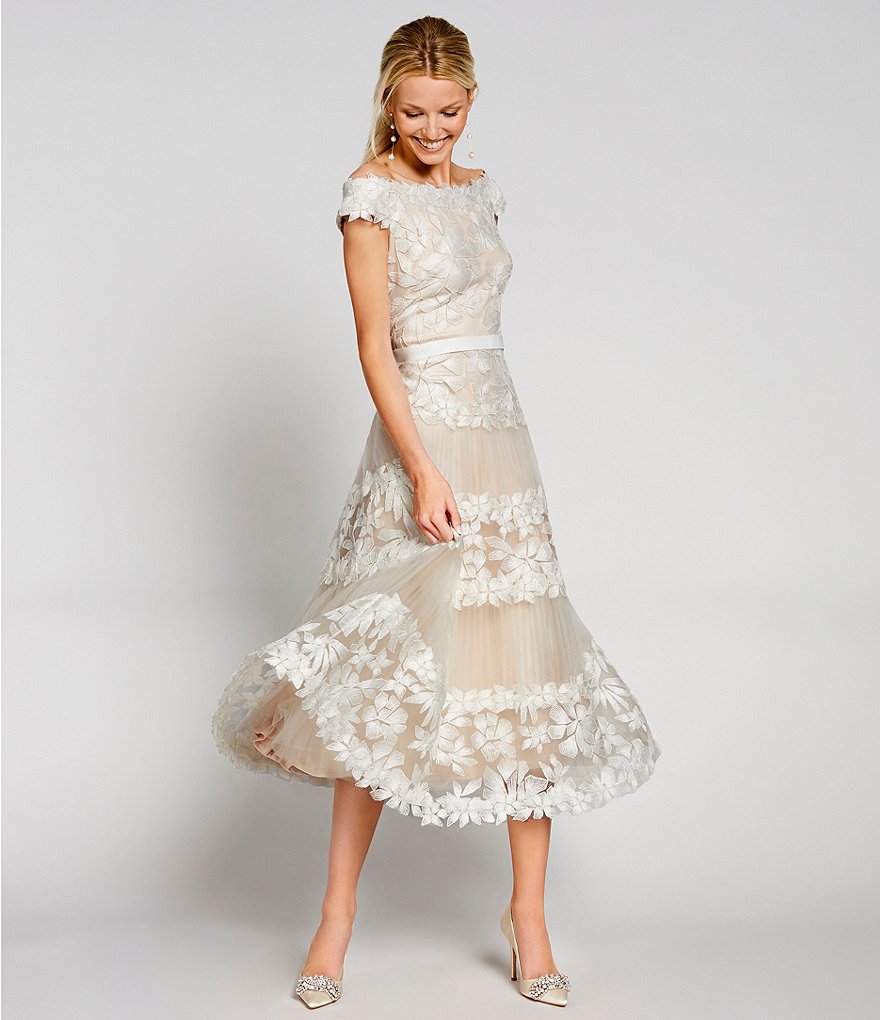 Tadashi Shoji Boat Neck Cap Sleeve Floral Embroidered Tulle A-Line Midi Dress