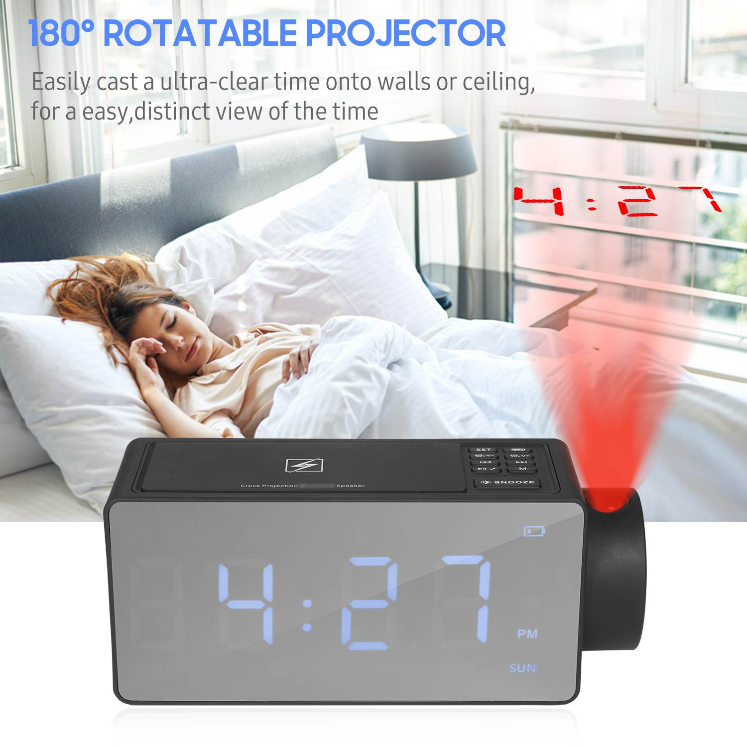 Projection Alarm Clock with BT Speaker 180&deg;Projector Wireless Charging Dual Alarms Snooze Large Mirror LED Display Dimmer for Bedroom Office