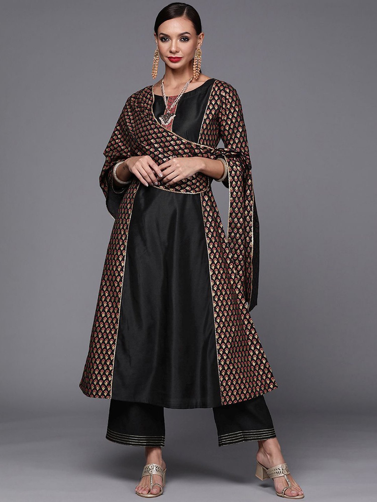 Indo Era Black Woven Pattern Kurta Palazzo Set With Dupatta