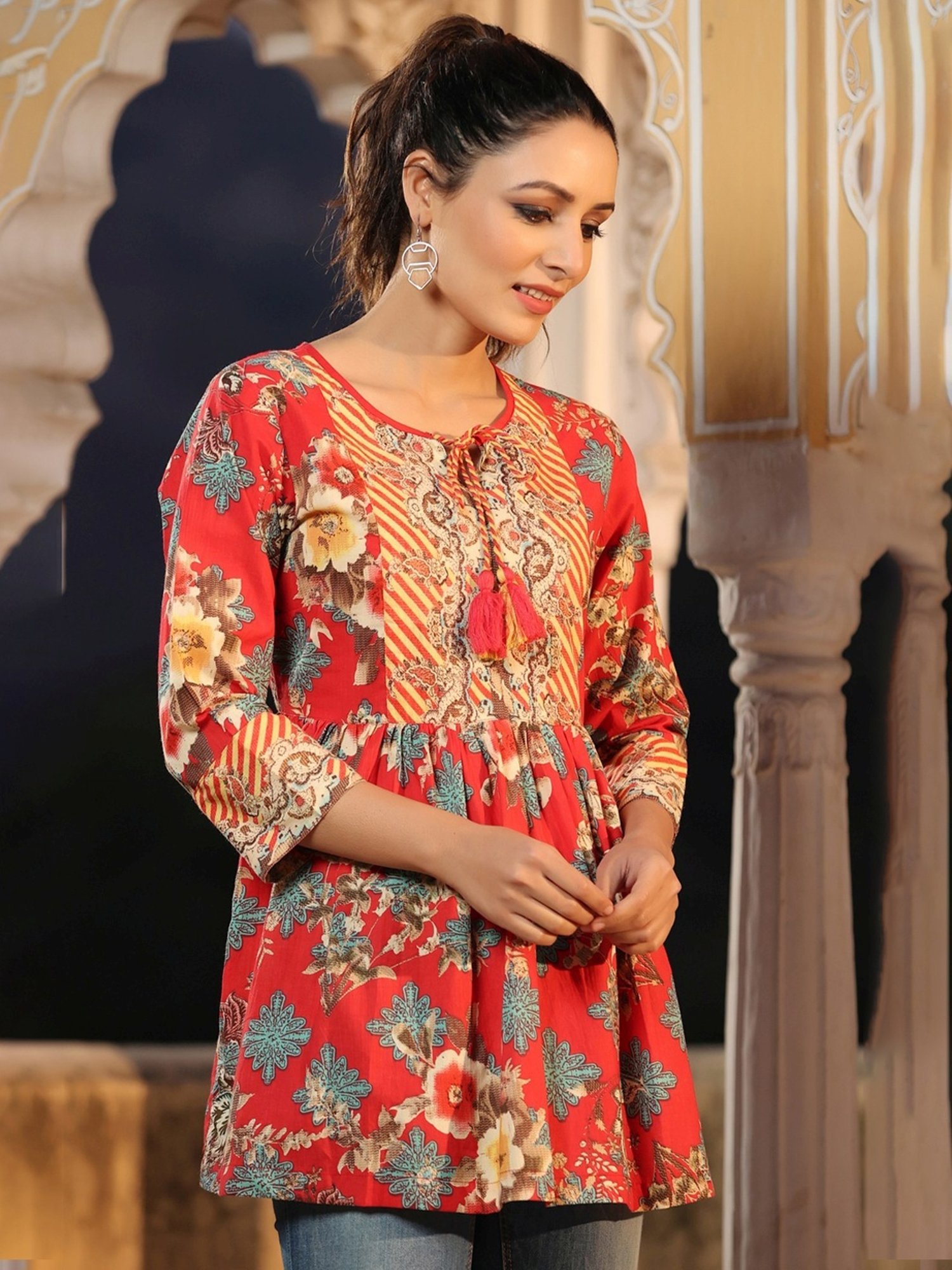 Rain and Rainbow Red Cotton Printed Top