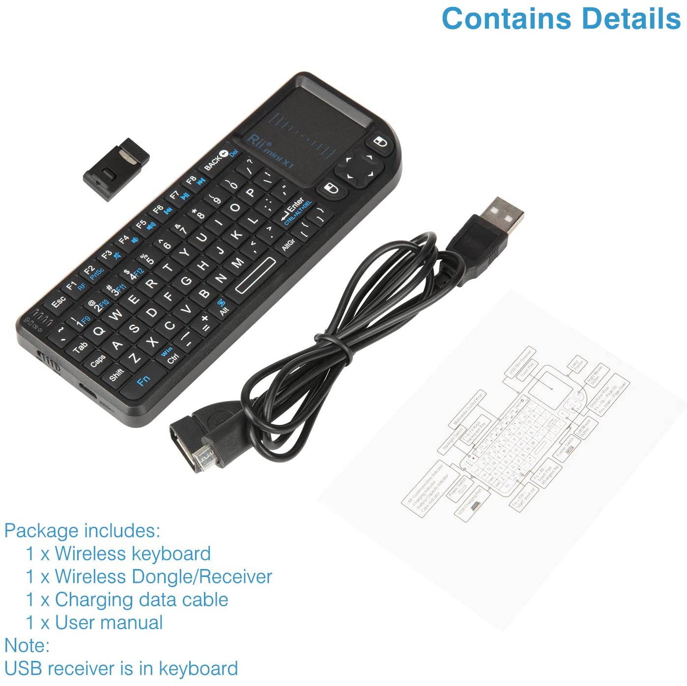 2.4G Mini Wireless Keyboard with Touchpad Mouse,Lightweight Portable Wireless Keyboard Controller with USB Receiver Remote Control for Windows/ Mac/ Android/ PC/Tablets/ TV/Xbox/ PS3. X1-Black