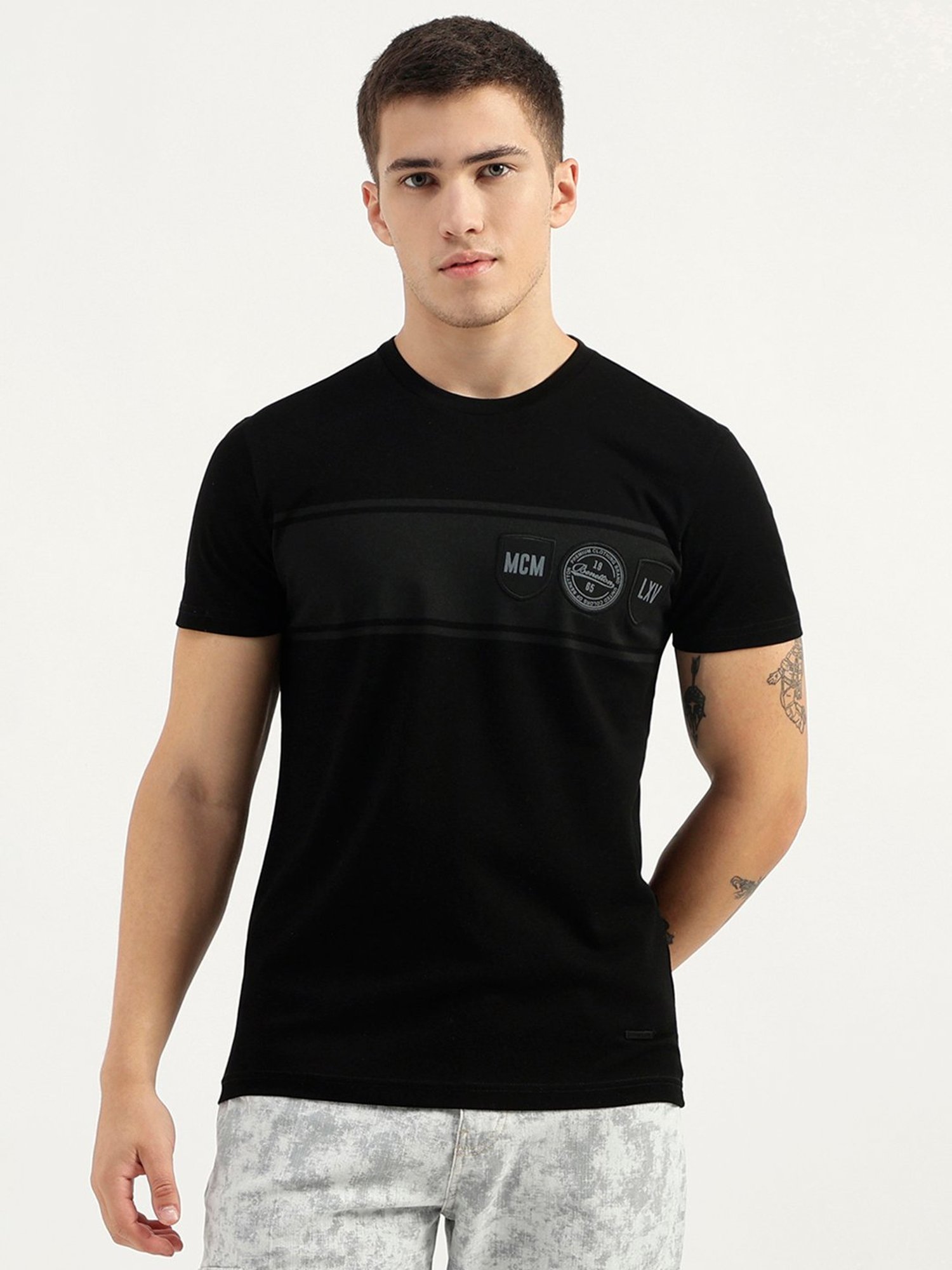 United Colors of Benetton Black Regular Fit Cotton Crew T-Shirt