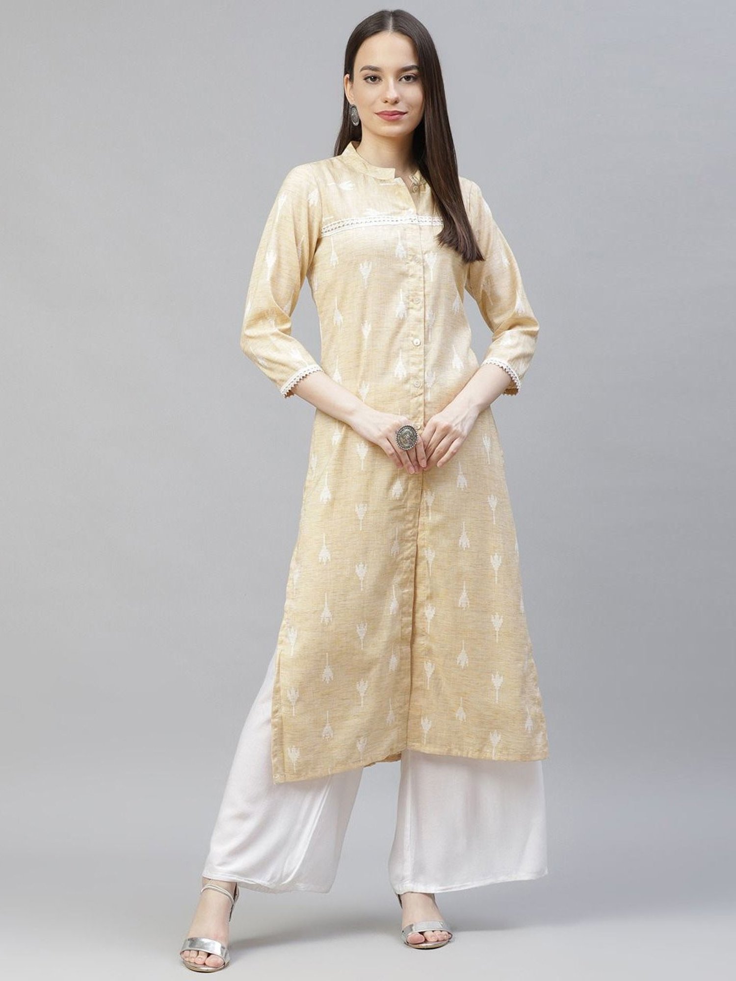 Jompers Beige Cotton Woven Pattern Straight Kurta
