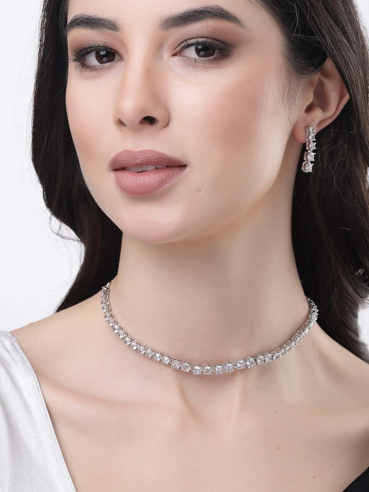 NVR Silver Plated CZ Stone Handcrafted Jewellery Set for Women