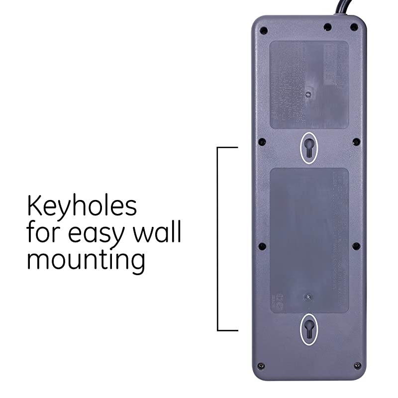 Black Strip Sur Protector Charr 10 Outlets 2 USB Ports Fast Char Flat Plug Long Power Cord 4 Feet Wall Mount Warranty 37746 4 ft