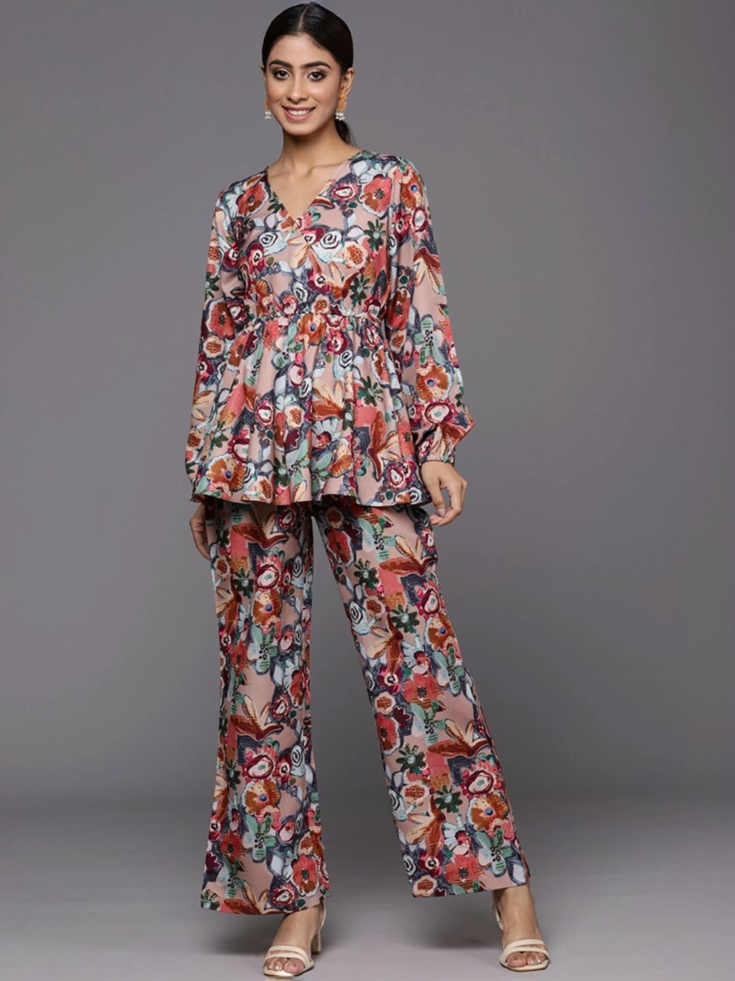 Varanga Beige Floral Print Top Pant Set