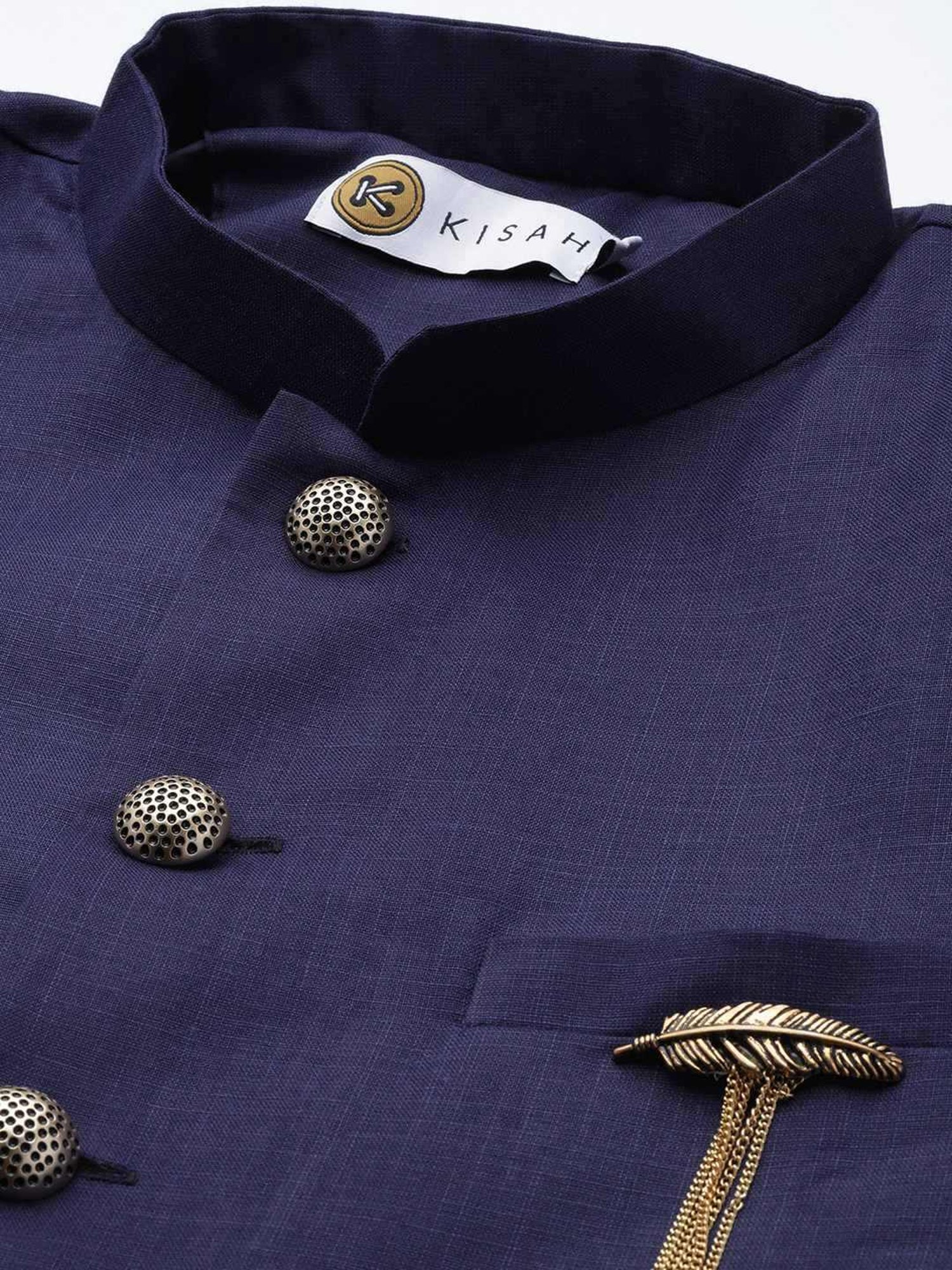 KISAH Navy Cotton Regular Fit Printed Sherwani Set