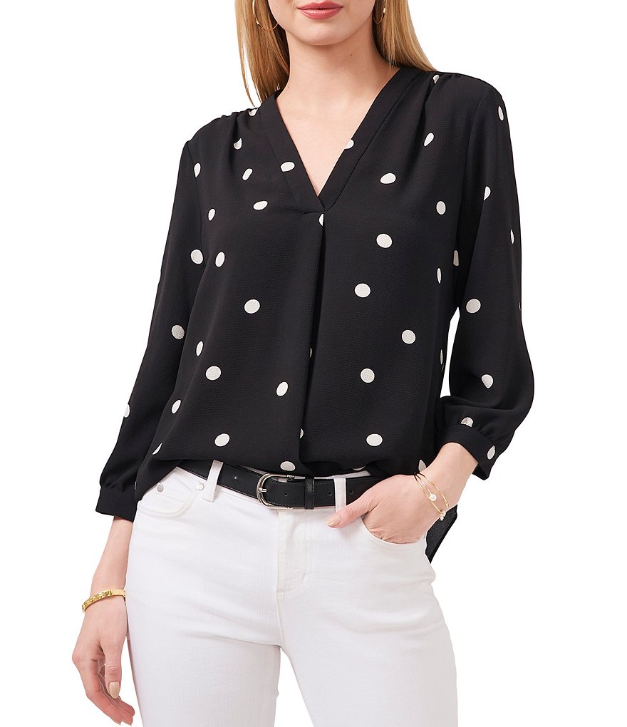 Vince Camuto 3/4 Sleeve V-Neck Polka Dot Blouse