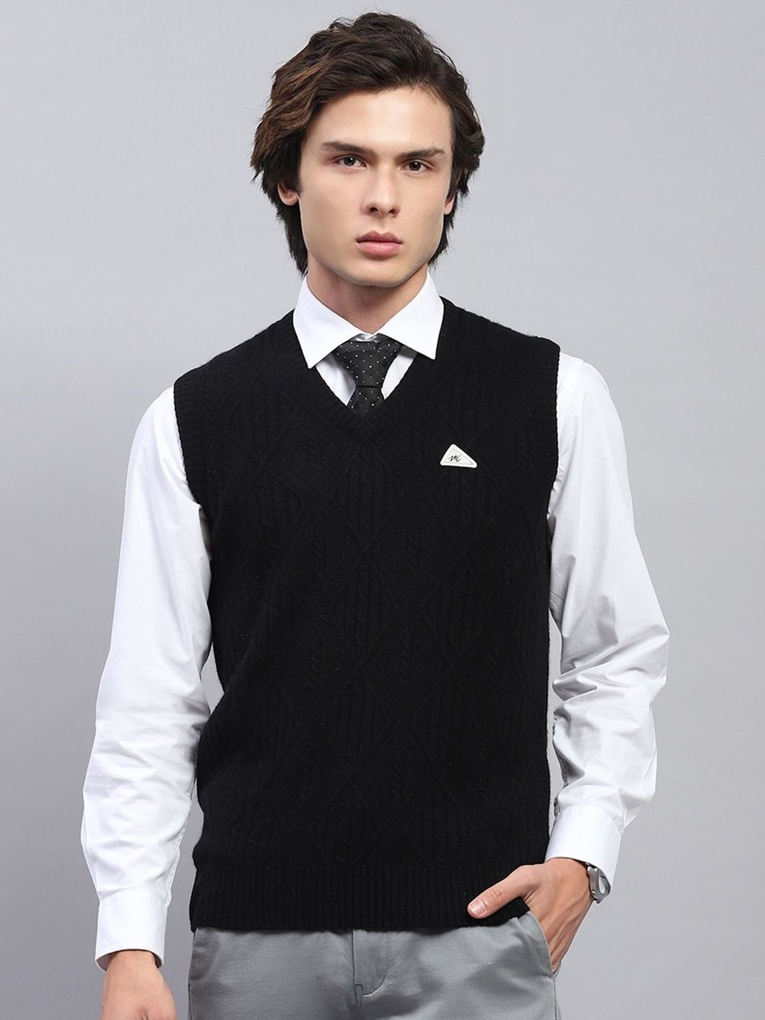 Monte Carlo Black Regular Fit Self Pattern Sweaters