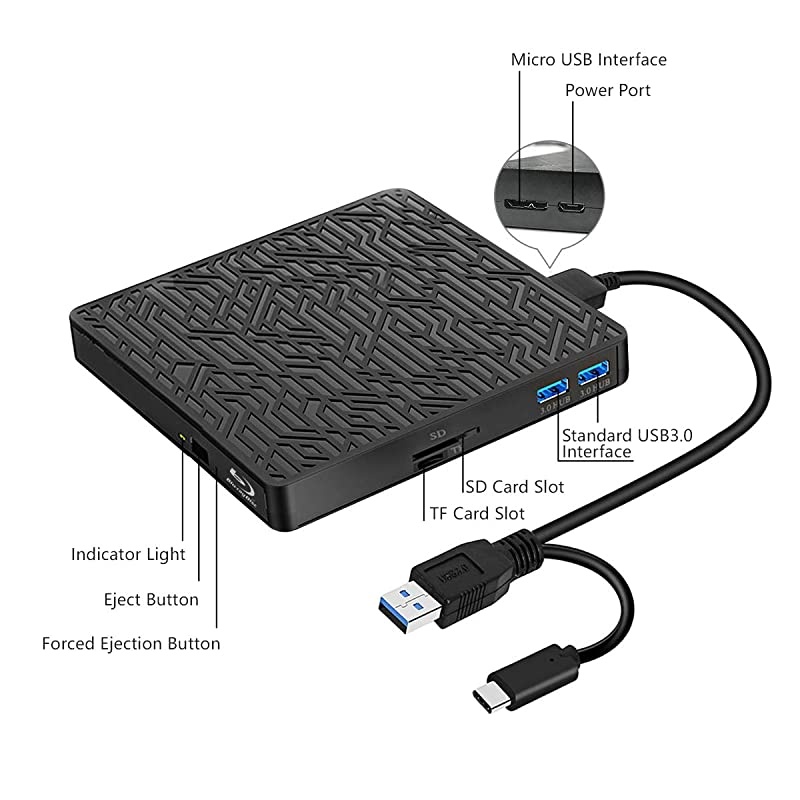 in 1 External blu ray Drive USB30TypeC Bluay blueray Drive Slim Optical CD DVD Drive Burner with SDTF Card Reader2 USB30 Hubs for pc Windows XP7810 MacOS LinuxMacBook Laptop Desktop