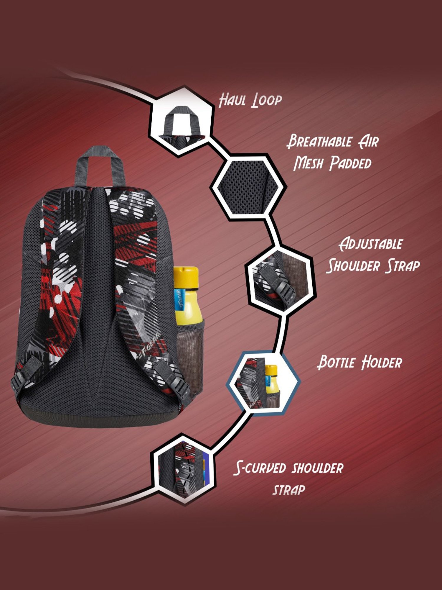 F Gear Ellis Geometric Black Red Printed Small Backpack