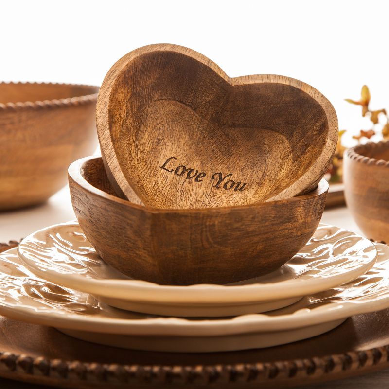 GG Collection Mango Serveware Medium Wooden Heart Bowls (Set of 3)