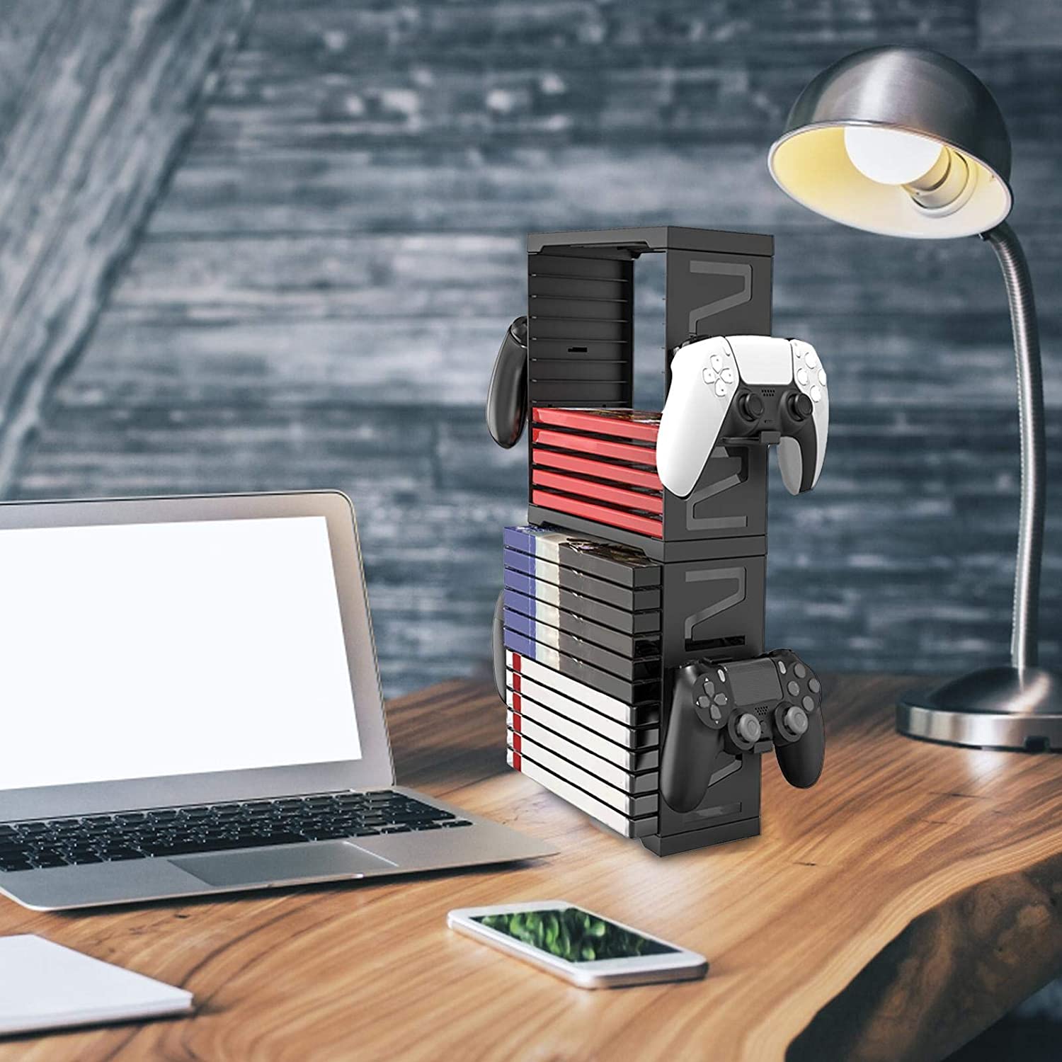 Supicity Games Storage Tower for PS5, Double-Layer Game Card Box Storage Stand for PS4 / PS5 / Xbox One / Xbox One X, Game Disk Rack Controller Organizer/Headset Stand Holder, Hold Up to 24 Disks