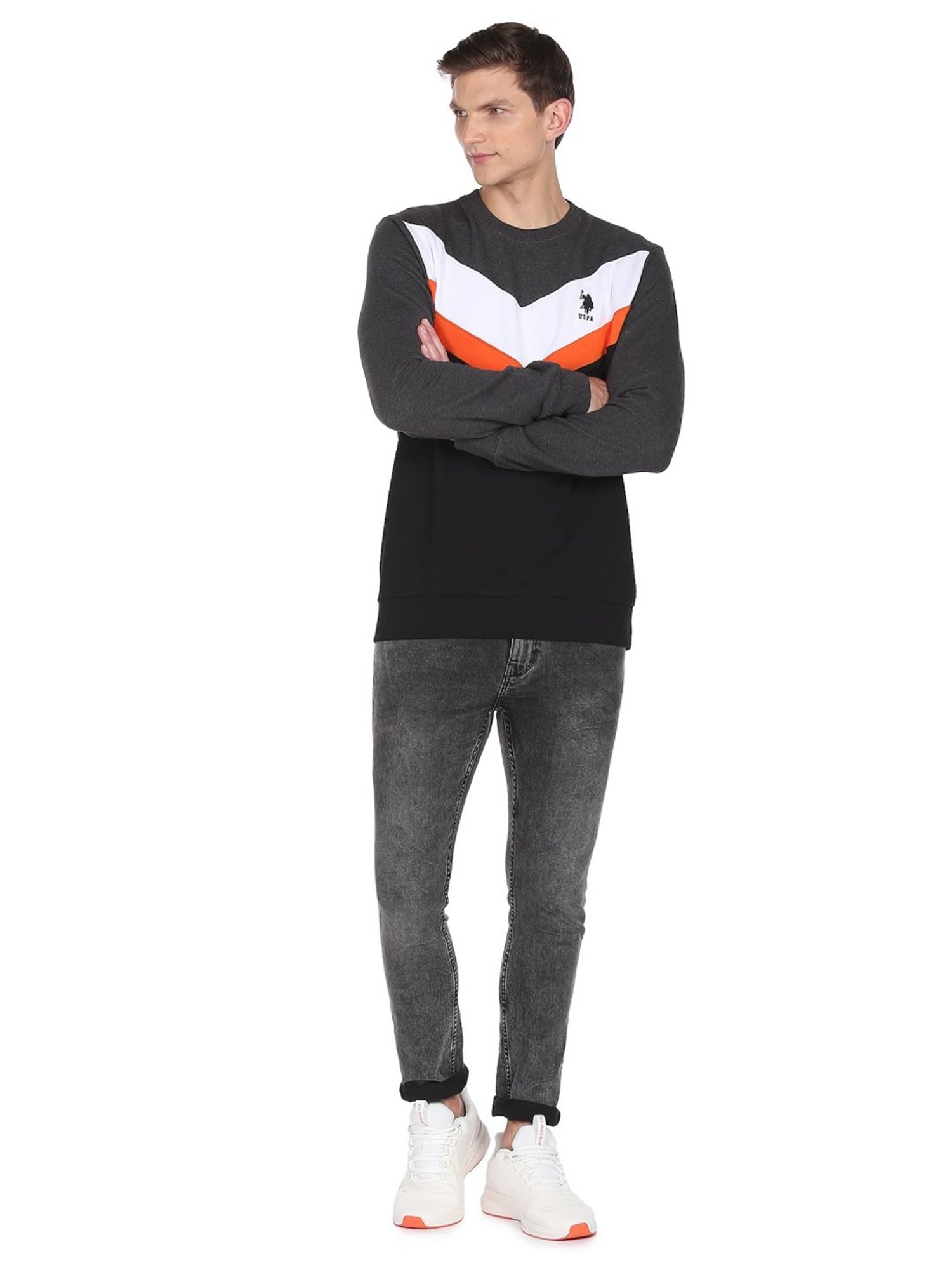 U.S. Polo Assn. Grey And Black Cotton Regular Fit Colour Block Sweatshirt