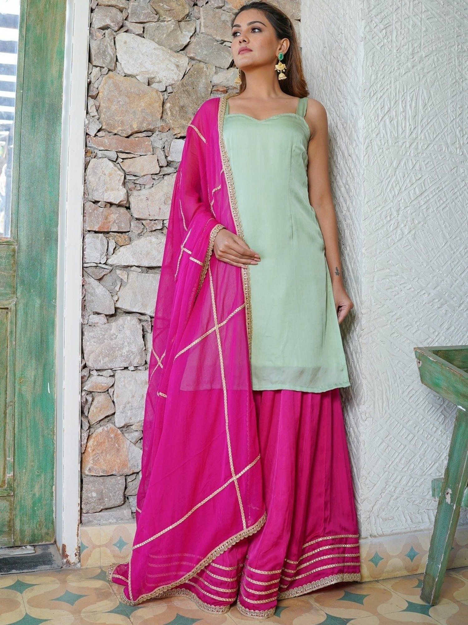 HOUSE OF JAMOTI Green & Pink Kurti Sharara Set With Dupatta