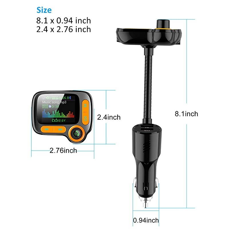 FM Transmitter Car Adapter,Support Wireless Handsfree Call and MP3 Music/APP Audio Play,1.8" Color Screen,3 USB Charger,3.5mm AUX Port,Compatible with iPhone,iPad,Samsung and More