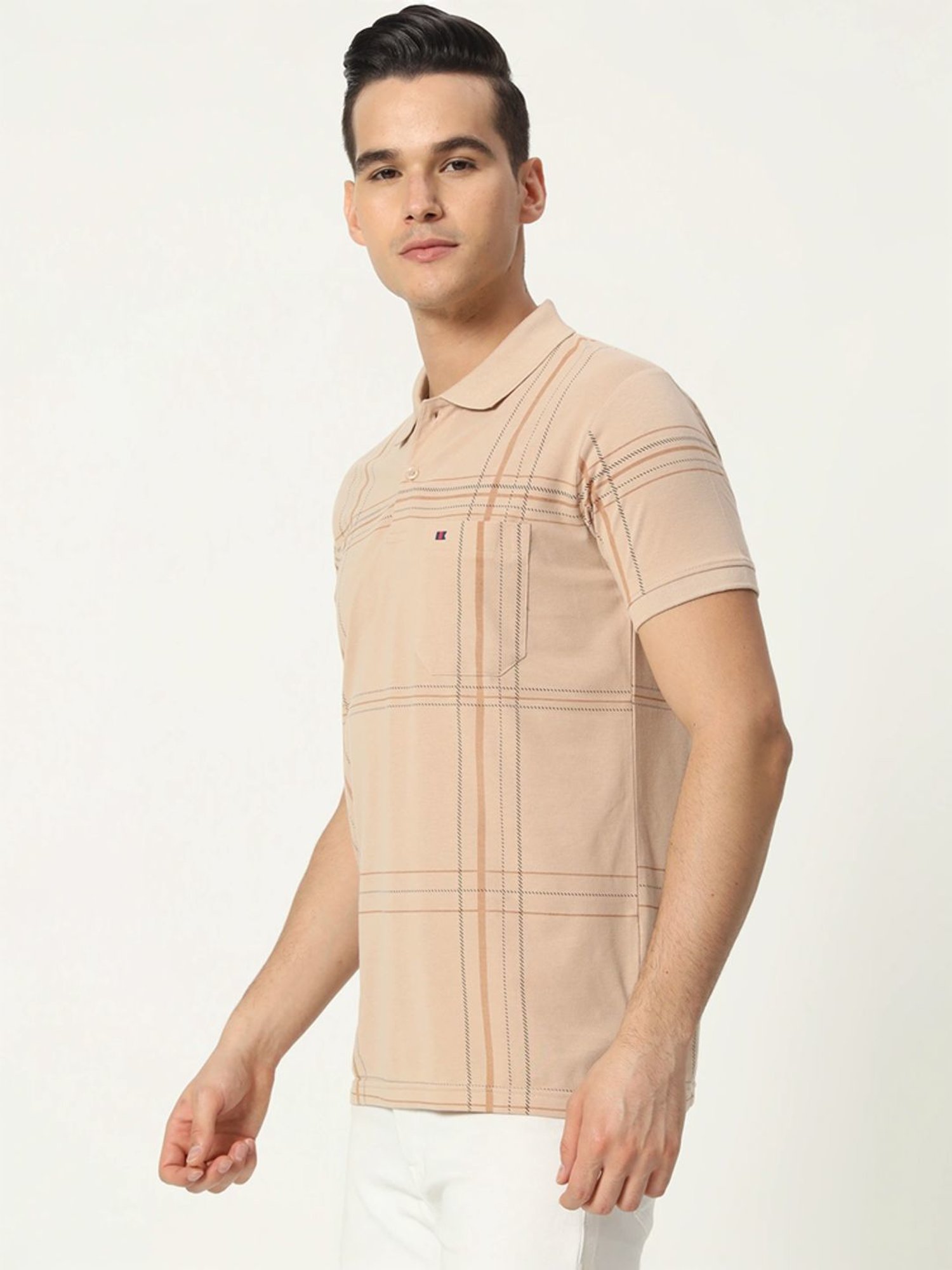 Tab91 Beige Regular Fit Checks Polo T-Shirts