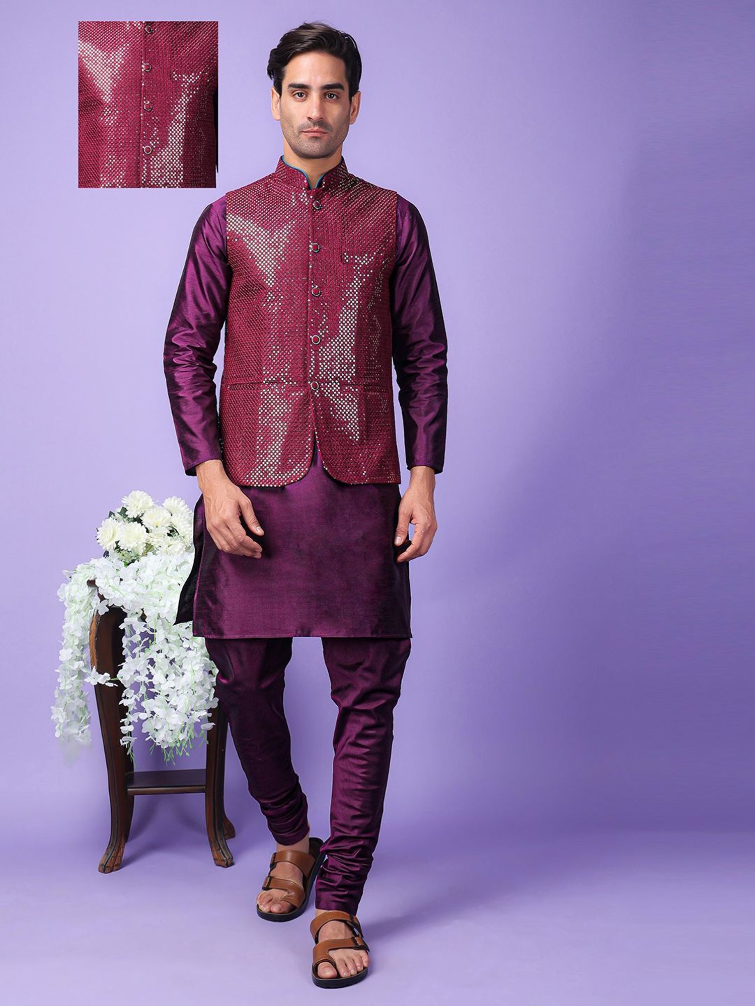 Hangup Purple Regular Fit Embroidered Kurta Set With Jacket