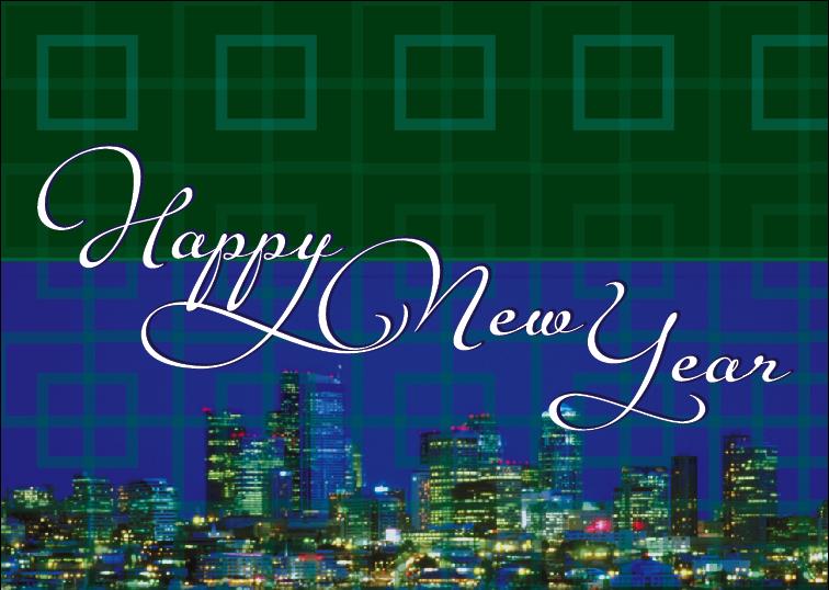 New Year Greeting Cards - N1102. Business Greeting Card with an Image of City Scape at Night. Box Set Has 25 Greeting Cards and 26 White with Gold Foil Lined Envelopes.