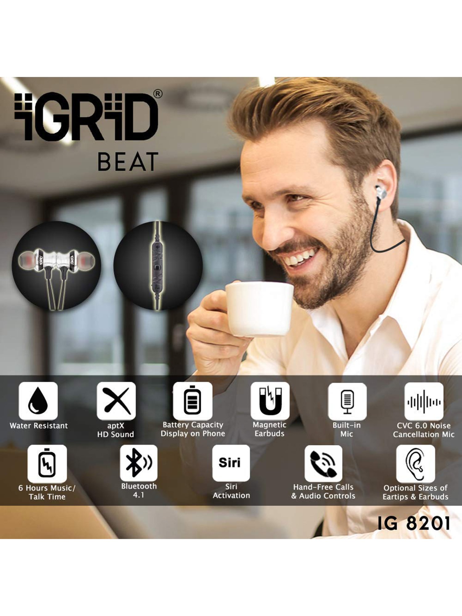 iGRiD Beat Wireless Neckband with Mic (IG-8201, Black)