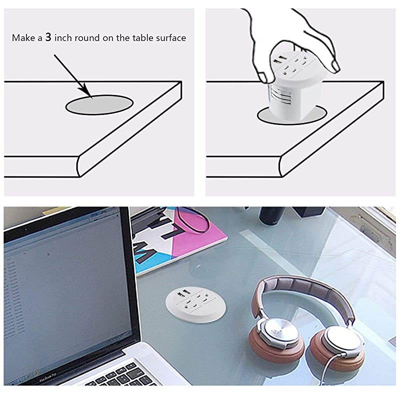 Grommet Desktop Outlet 2 US Plugs amp 2 USB Ports for Computer DeskTable Kitchen OfficeHomeHotel and More white
